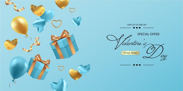 Banner realista de feliz día de san valentín con caja de regalo cayendo, corazones y flores