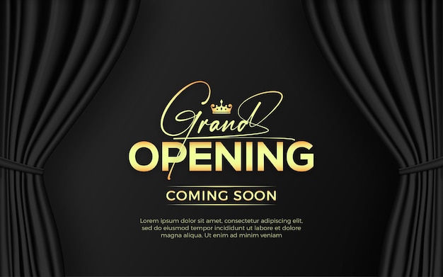 Banner realista de invitación a la gran inauguración con cortinas negras, elementos dorados y efecto de texto editable en 3D