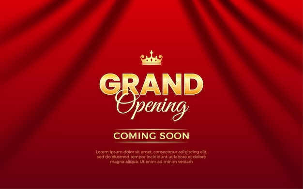 Banner realista de invitación a la gran inauguración con cortinas rojas, elementos dorados y efecto de texto editable en 3D