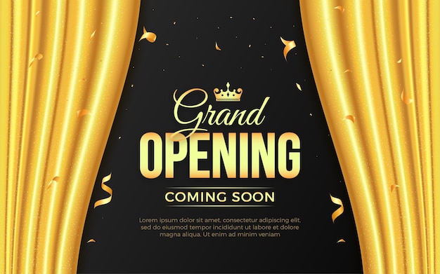 Vector banner realista de invitación a la gran inauguración con lujosas cortinas de seda dorada y efecto de texto editable en 3d