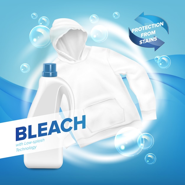 Vector banner realista de sudadera con capucha blanca sucia con pompas de jabón sobre fondo azul