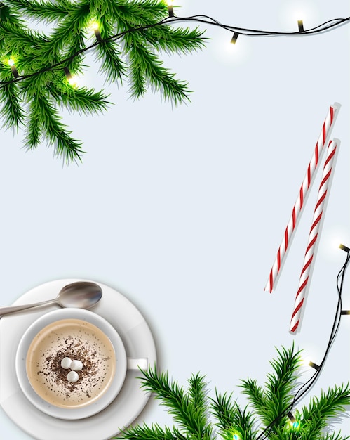 Banner realista vectorial Fondo de vacaciones Escritorio decorado con taza de luces con chocolate caliente y
