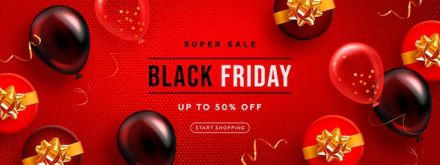 Banner realista de viernes negro con regalos y globos.