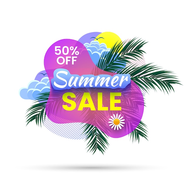 Banner de rebajas de verano, 50% de descuento. Fondo tropical con ramas de palma, sol y nubes. ilustración.
