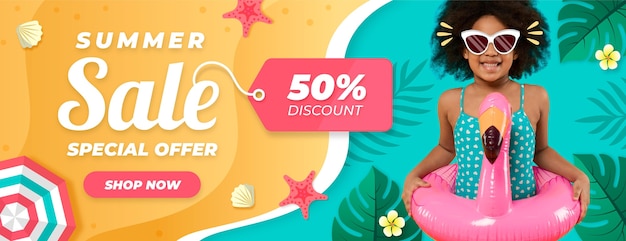 Vector banner de rebajas de verano degradado con foto