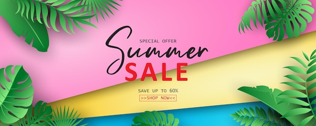 Banner de rebajas de verano elegante con tema de hojas tropicales