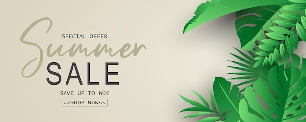 Banner de rebajas de verano elegante con tema de hojas tropicales