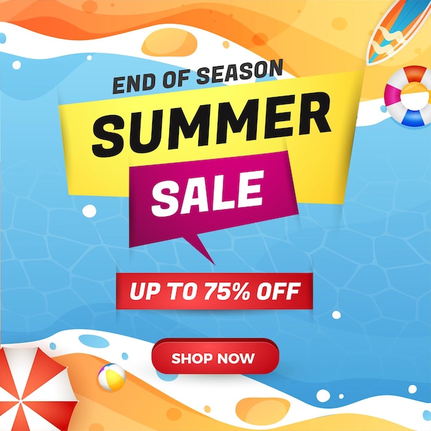 Banner de rebajas de verano fin de temporada con playa.