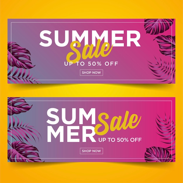 Banner de rebajas de verano con hojas