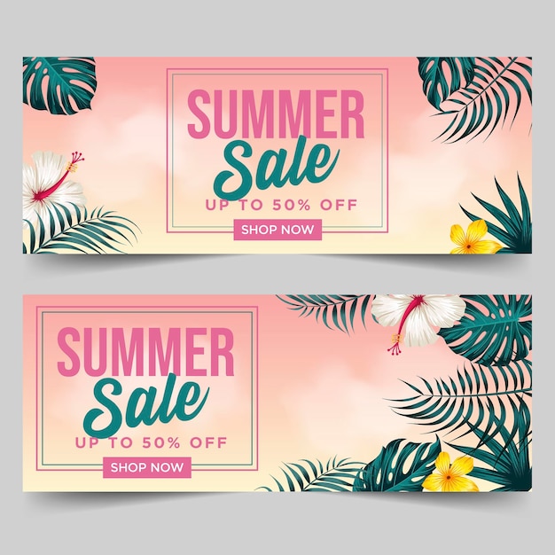 Banner de rebajas de verano con hojas