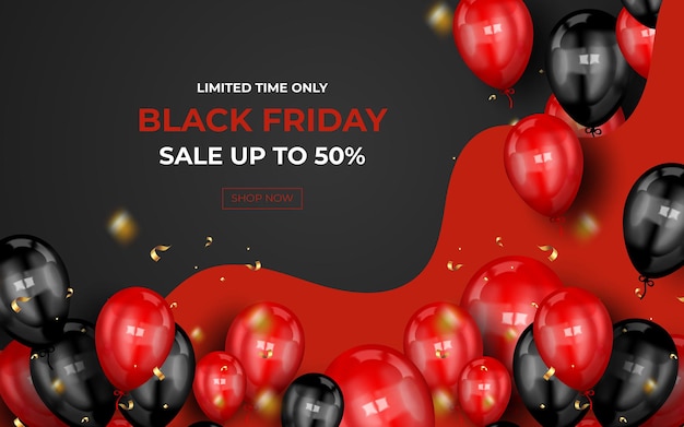 Banner de rebajas de viernes negro con globos realistas y confeti