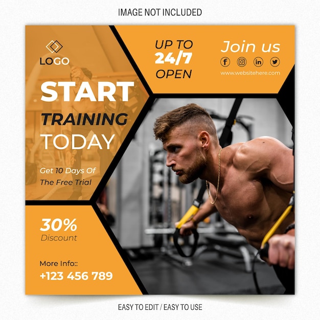 Banner de redes sociales de gimnasio y fitness y banner de anuncios o plantilla de diseño de banner web