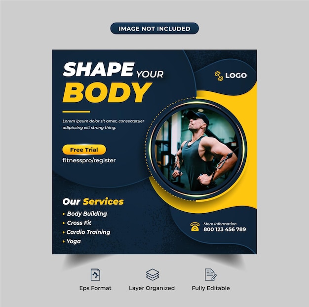 Banner de redes sociales de gimnasio de fitness o plantilla de diseño de publicación de instagram Vector Premium