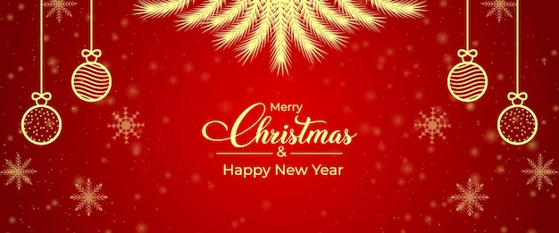 Banner de redes sociales de Navidad con bolas y ramas de pino. Elemento de banner rojo y dorado de Navidad. Banner de redes sociales de Navidad con elementos dorados sobre un fondo rojo. Tarjeta de Navidad, banner de Navidad.