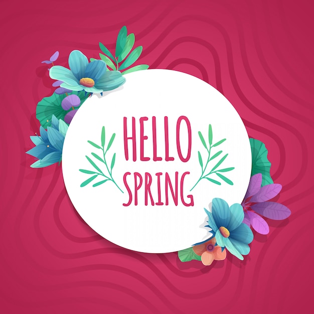 Vector banner redondo con el logo de hello spring. tarjeta para la temporada de primavera con marco blanco y hierba. oferta promocional con decoración de plantas, hojas y flores primaverales sobre fondo rosa.