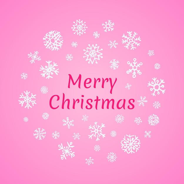 Banner redondo de Navidad con copos de nieve blancas sobre fondo rosa e inscripción Feliz Navidad. Ilustración vectorial