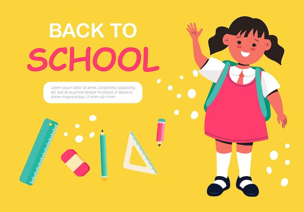 Banner Regreso a la escuela con un estudiante sonriente y útiles escolares. Plantilla colorida de regreso a la escuela