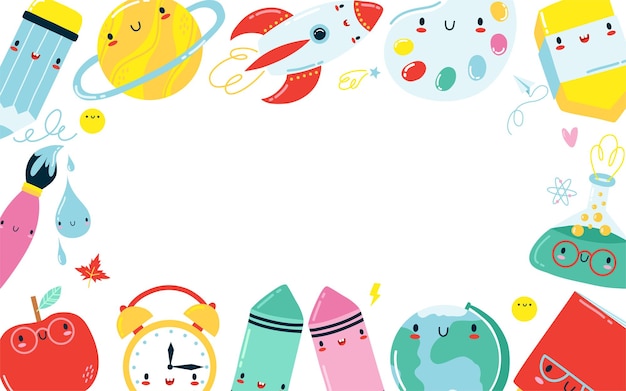 Banner de regreso a la escuela Marco de útiles escolares kawaii lindo Personaje de dibujos animados de vector feliz para niños