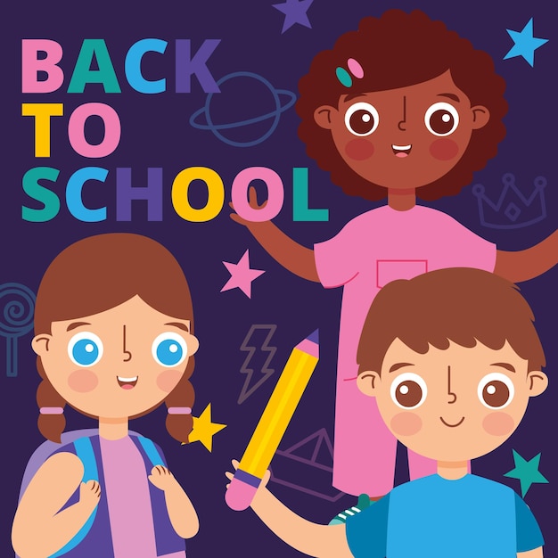 Vector banner de regreso a la escuela con niños y estrellas. ilustración vectorial