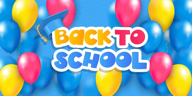 Banner de regreso a la escuela con útiles escolares y globos brillantes en una ilustración 3d de vector de fondo negro