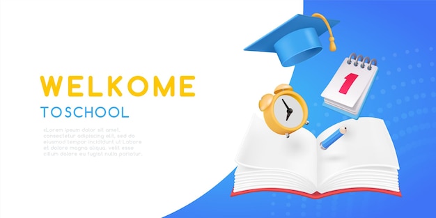 Banner de regreso a la escuela con útiles escolares sobre fondo azul Ilustración vectorial 3d Artículos de papelería Plumas, lápices y rotuladores