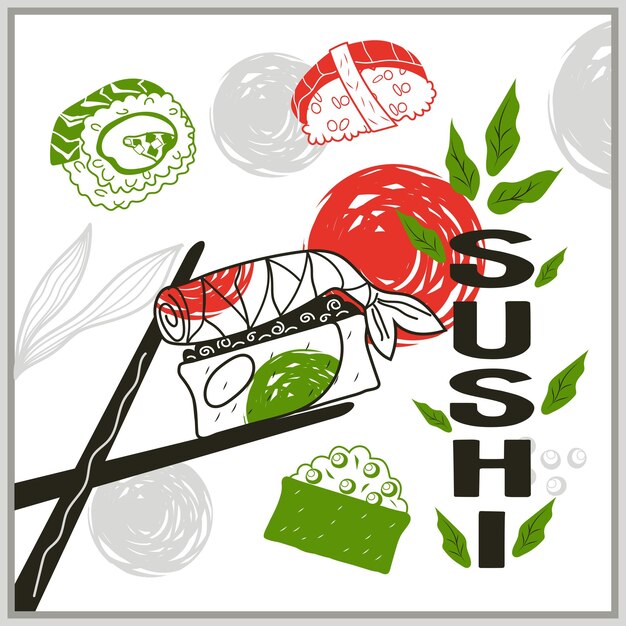 Banner de restaurante de comida japonesa de sushi o póster de plantilla de tarjeta para redes sociales ilustración vectorial dibujada a mano sobre fondo blanco