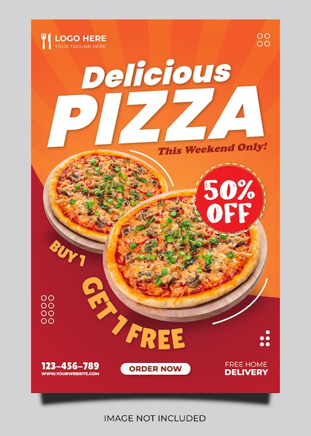 Banner de restaurante de volante de menú de comida de pizza deliciosa y plantilla de publicación en redes sociales