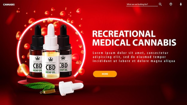 Banner rojo de cannabis medicinal recreativo para sitio web con podio de botón con botellas de aceite de cbd con pipeta y anillo de neón en el fondo