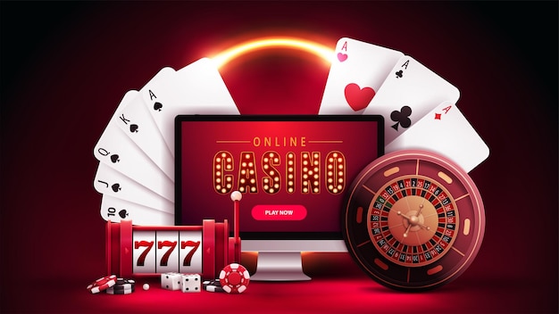 Banner rojo de casino en línea con máquina tragamonedas de monitor Casino Ruleta fichas de póquer y naipes en escena roja con anillo de neón naranja en el fondo