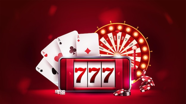 Banner rojo de casino en línea con teléfono inteligente con máquina tragamonedas en pantalla casino wheel fortune fichas de póquer y naipes