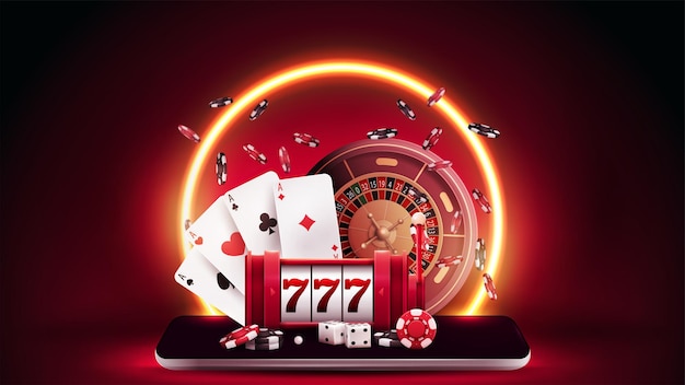 Vector banner rojo de casino en línea con tragamonedas casino ruleta fichas de póquer y naipes en el teléfono inteligente en escena roja con anillo de neón naranja en el fondo