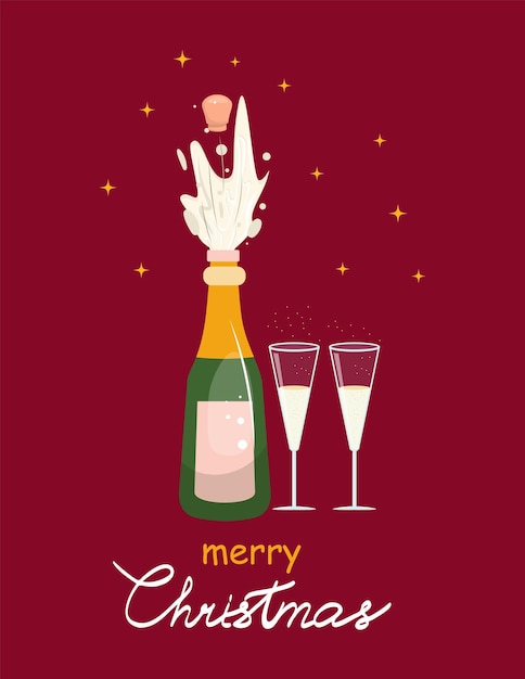 Banner rojo para feliz Navidad con una botella de champán explosiva y dos copas