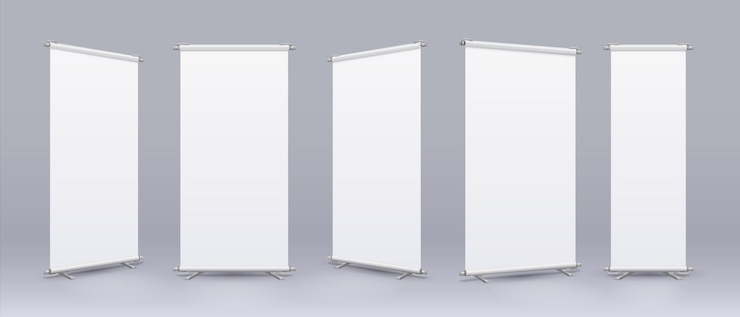 Banner de rollo en blanco Maqueta de soporte de rollup realista cartelera vacía con lugar para colección de texto y logotipo de visualización de información y plantilla de publicidad de tienda Conjunto de carteles aislados verticales vectoriales