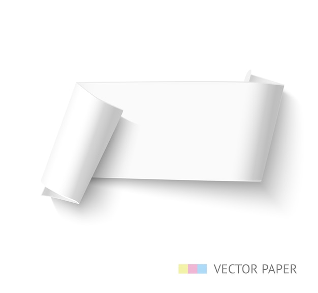 Vector banner de rollo de papel en blanco. cinta de papel horizontal realista para publicidad de venta. plantilla de papel curvada.