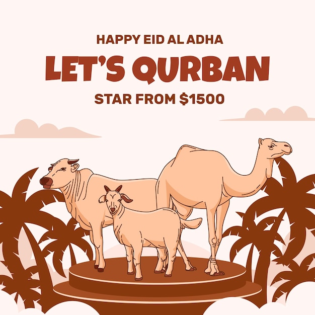 Vector banner de sacrificio de animales dibujado a mano para la fiesta islámica de eid al adha mubarak con vaca de cabra y camello