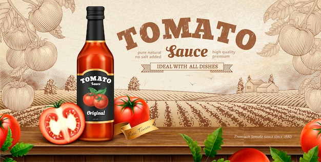 Banner de salsa de tomate con naturaleza grabada