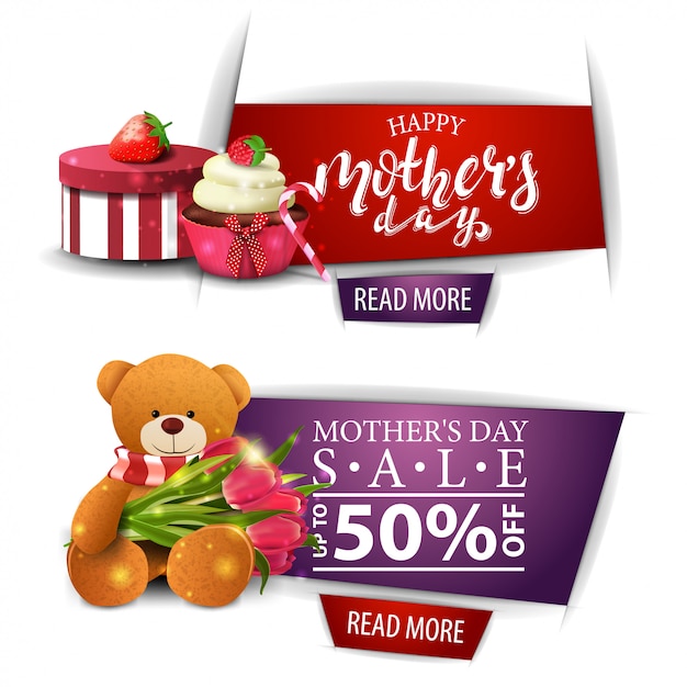Banner de saludo y descuento para el día de la madre con un botón.
