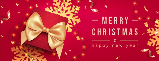 Banner de saludo de feliz Navidad con decoración navideña ramitas de abeto y confeti, ilustración vectorial.