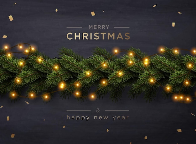 Banner de saludo de feliz Navidad con decoración navideña ramitas de abeto y confeti, ilustración vectorial.