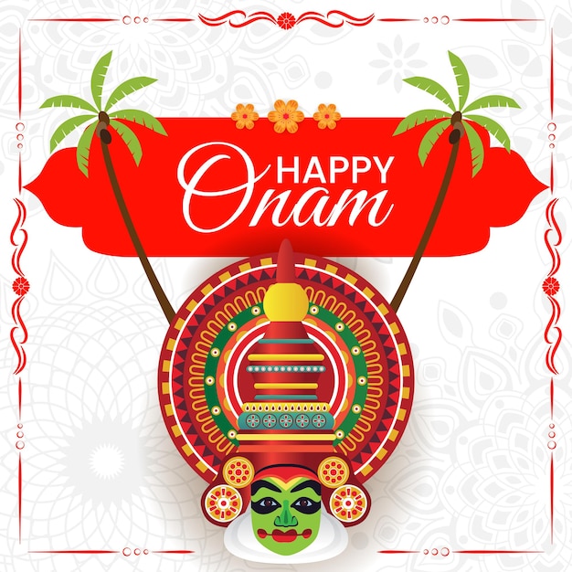 Banner de saludo de Onam con máscara Kathakali Árboles de coco y diseño de bandera roja adornada