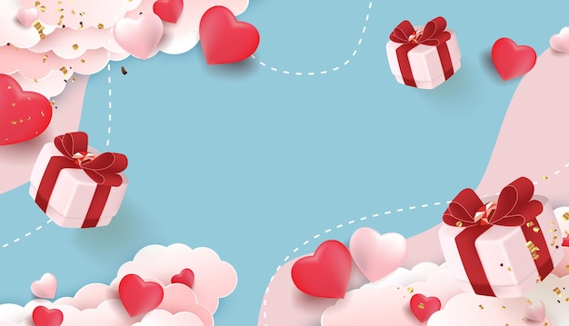 banner de san valentín con corazones y cajas de regalo
