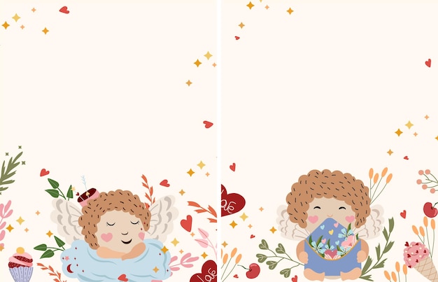 Banner para san valentín con un cupido de ensueño acostado en una nube, un ángel encantador sosteniendo una tarjeta.