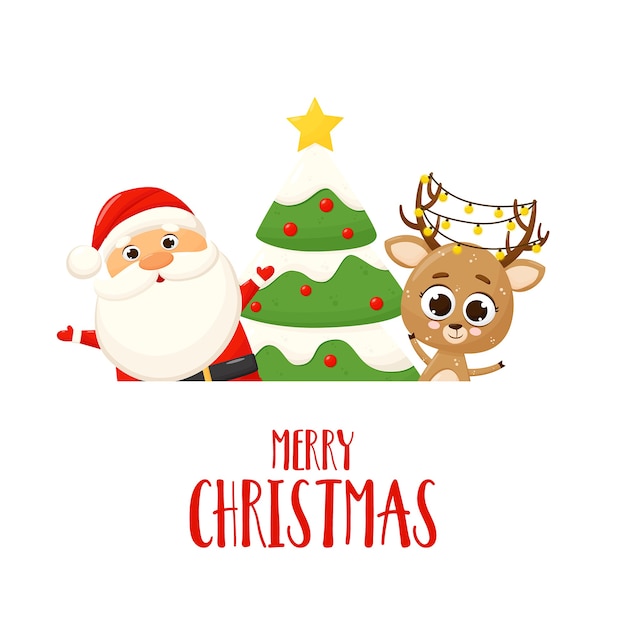 Banner con santa claus, ciervo, árbol de navidad y regalo