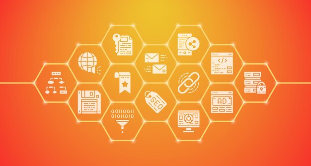 Banner de SEO con iconos de contorno Ilustración de promoción horizontal de datos de hipervínculo de alojamiento de marcadores