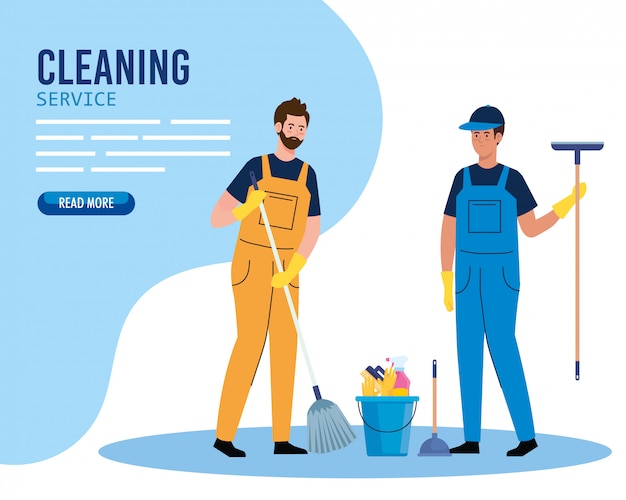 Banner de servicio de limpieza, trabajadores hombres de servicio de limpieza con diseño de ilustración de equipos