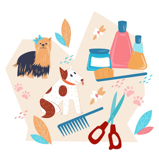 Banner de servicio de peluquería canina o etiqueta de venta de productos de aseo y cuidado de mascotas