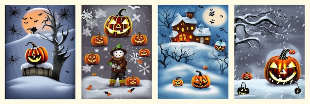 Banner set dibujo de halloween bajo la nieve con calabazas naranjas en un vector de bosque nevado