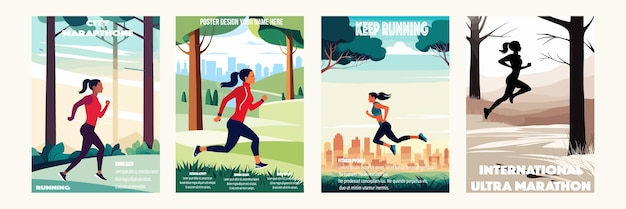 Vector banner set entrenamiento hoy caricatura página de aterrizaje deportista al aire libre corriendo entrenamiento chica en forma en