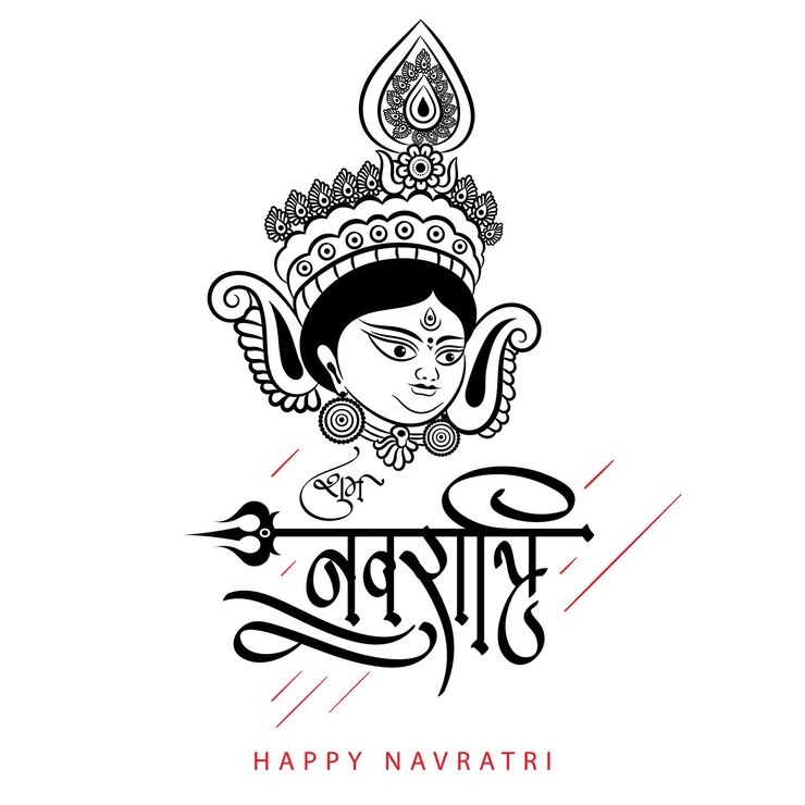 Vector banner de shubh navratri con caligrafía hindi y ilustración de contorno de cara de diosa durga
