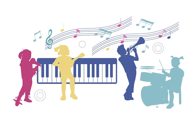 Vector banner con siluetas coloridas de niños tocan música en varios instrumentos y cantan ilustraciones vectoriales de dibujos animados planos sobre fondo blanco